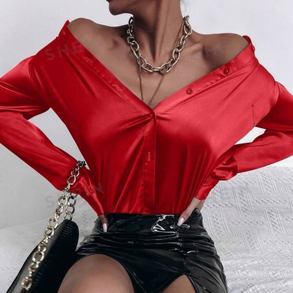 Red Satin Button Down - Picture 2 of 3